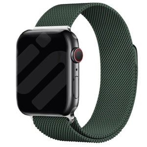 Milanese Strap, dark green, on a watch, 3/4 front view