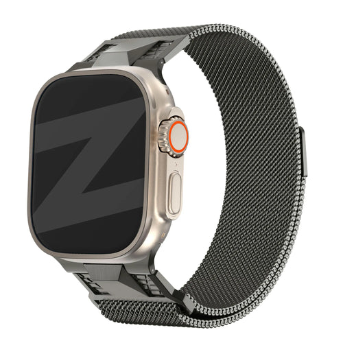 Milanese Strap 'Mecha', titanium grey, on a watch, 3/4 front view