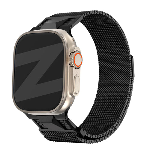 Milanese Strap 'Mecha', black, on a watch, 3/4 front view