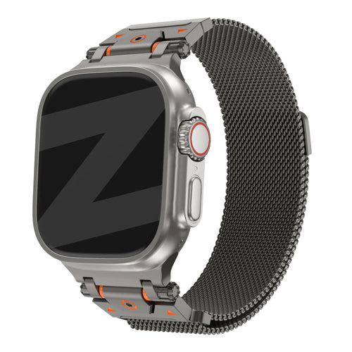 Rugged Milanese Strap, titanium grey, on a watch, 3/4 front view