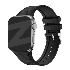 Silicone Strap Leather Pattern, black, on a watch, 3/4 front view
