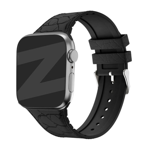 Silicone Strap Leather Pattern, black, on a watch, 3/4 front view
