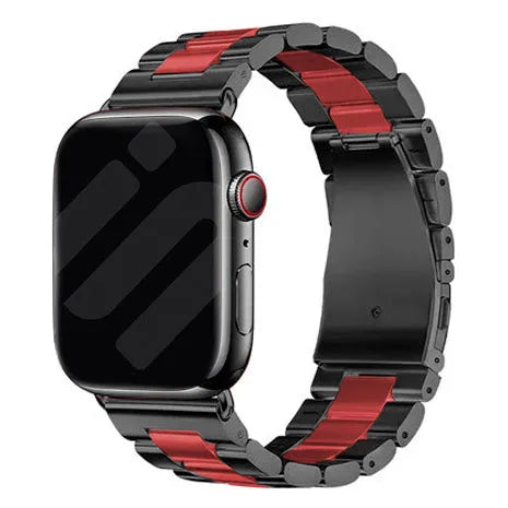 Steel Strap, black/red, on a watch, 3/4 front view