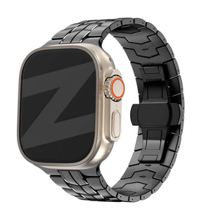 Titanium Strap 'Supreme', black, on a watch, 3/4 front view
