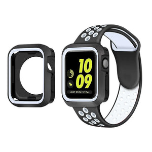 Silicone Sport Strap + TPU Case, white/black, on a watch, 3/4 front view