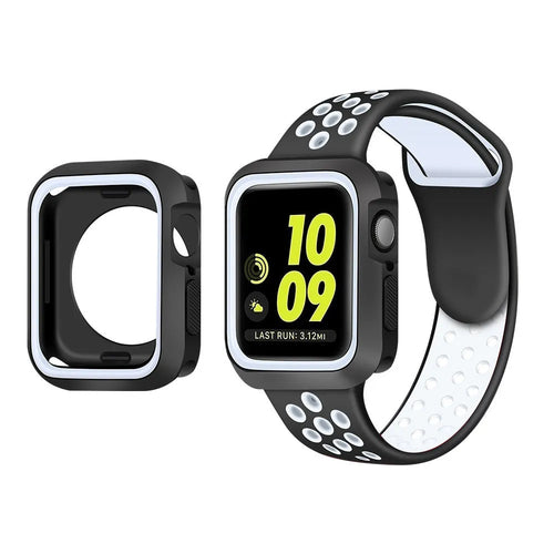 Silicone Sport Strap + TPU Case, white/black, on a watch, 3/4 front view