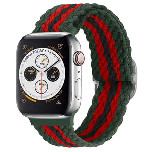Braided Nylon Strap, red/black, on a watch, 3/4 front view