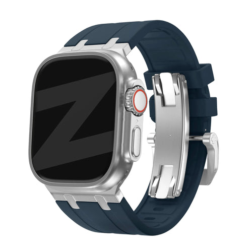 Silicone Strap 'Luxe Liquid', blue/silver, on a watch, 3/4 front view