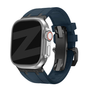 Silicone Strap 'Luxe Liquid', blue/black, on a watch, 3/4 front view
