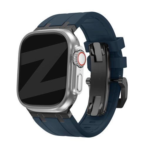 Silicone Strap 'Luxe Liquid', blue/black, on a watch, 3/4 front view