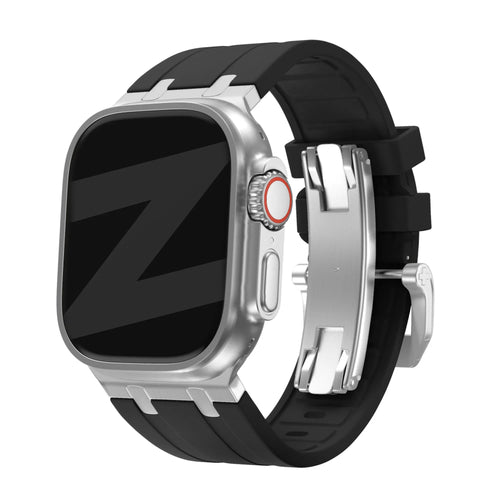Silicone Strap 'Luxe Liquid', black with silver, on a watch, 3/4 front view