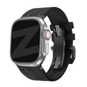 Silicone Strap 'Luxe Liquid', black with black, on a watch, 3/4 front view