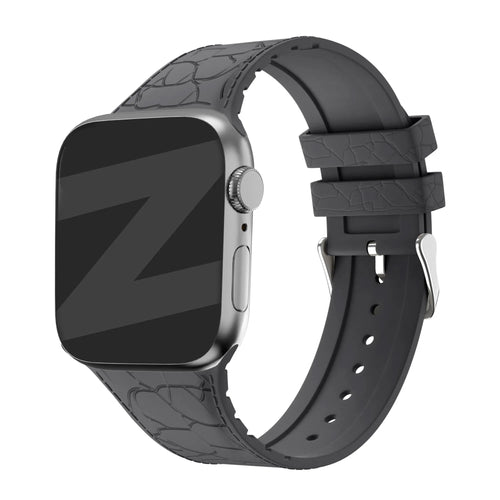 Silicone Strap Leather Pattern, dark grey, on a watch, 3/4 front view