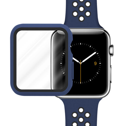 Silicone Sport Strap + TPU Case, blue/black, on a watch, 3/4 front view