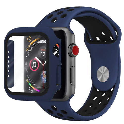Silicone Sport Strap + TPU Case, blue/black, on a watch, 3/4 front view