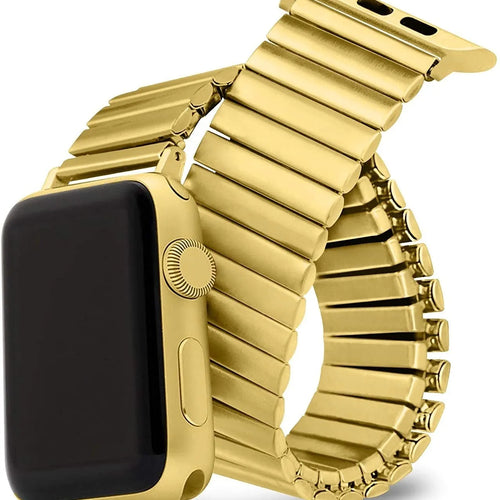 Elastic Steel Strap, gold, on a watch, 3/4 front view