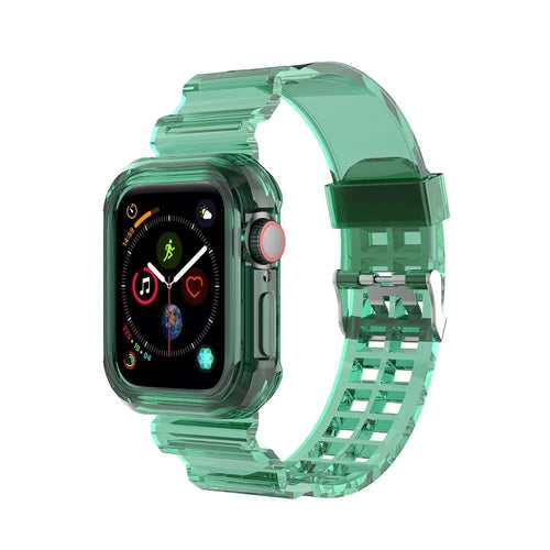Silicone Transparent TPU Strap, transparent green, on a watch, 3/4 front view