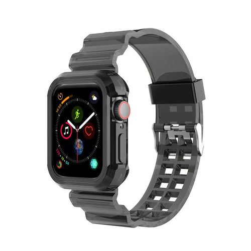 Silicone Transparent TPU Strap, transparent black, on a watch, 3/4 front view