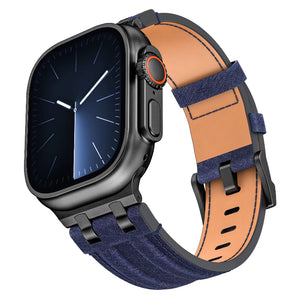 Denim Leather Strap, blue/black, on a watch, 3/4 front view