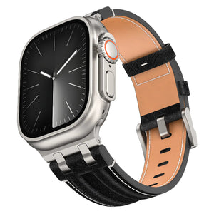 Denim Leather Strap, black with silver, on a watch, 3/4 front view