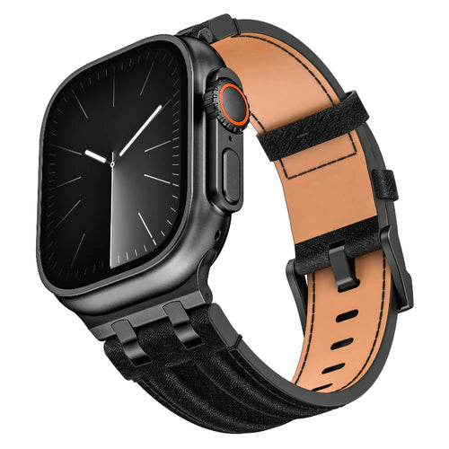 Denim Leather Strap, black, on a watch, 3/4 front view