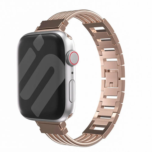 Metal Bracelet Strap, rose gold, on a watch, 3/4 front view