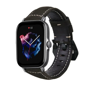Leather Strap, black, on a watch, 3/4 front view