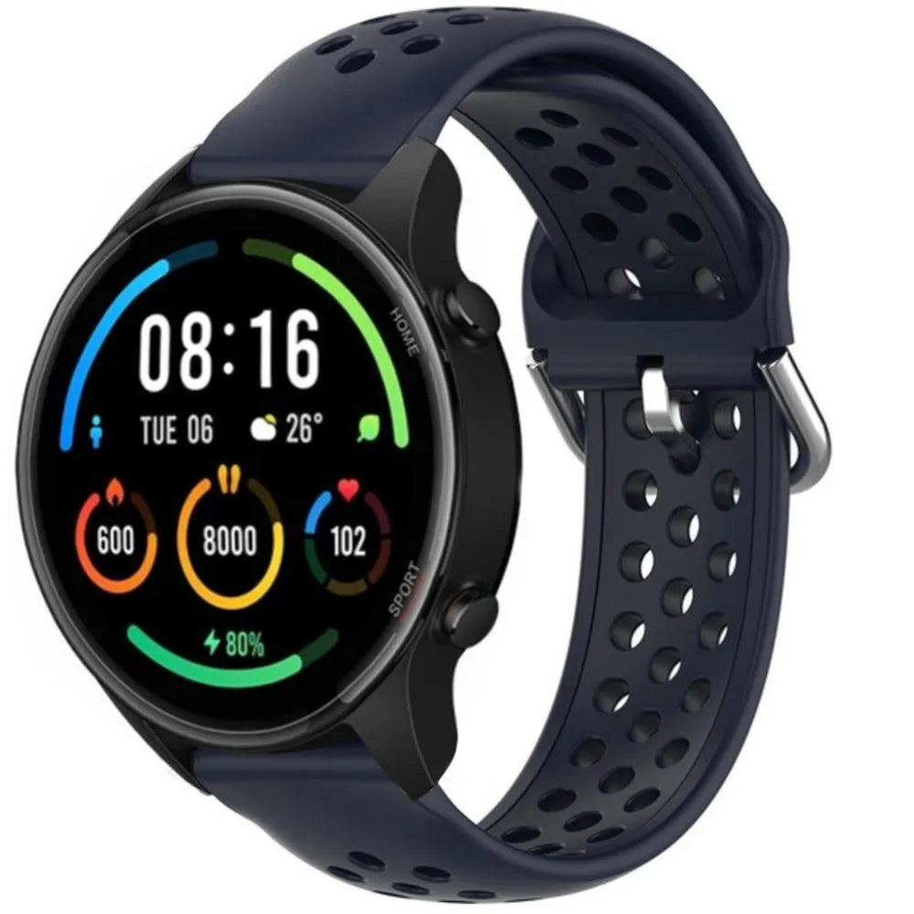 Breathable Silicone Strap, dark blue, on a watch, 3/4 front view