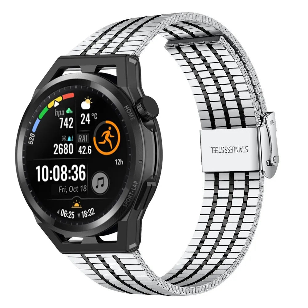 Fine Steel Strap, silver/black, on a watch, 3/4 front view