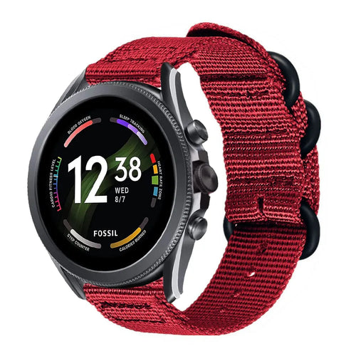 Nylon Buckle Strap, red, on a watch, 3/4 front view