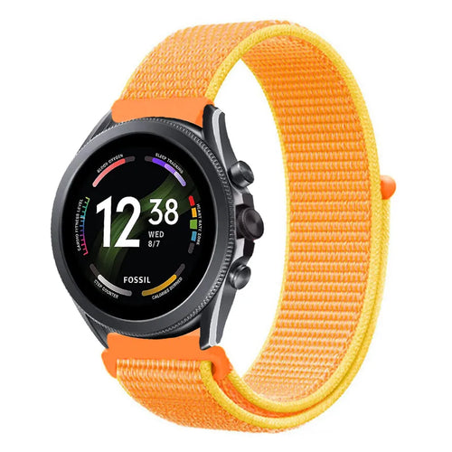 Nylon Strap, orange/yellow, on a watch, 3/4 front view