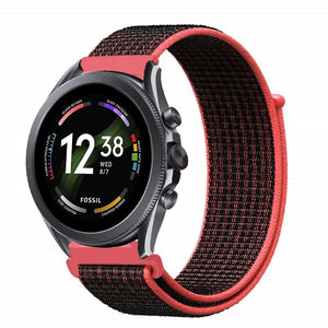 Nylon Strap, black/coral, on a watch, 3/4 front view