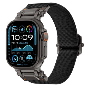 Nylon Polyester Explorer Strap, black with black, on a watch, 3/4 front view