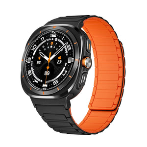 Magnetic Silicone Strap, black/orange, on a watch, 3/4 front view