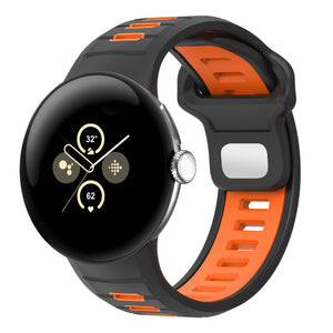 Silicone Sport Duo Strap, black/orange, on a watch, 3/4 front view