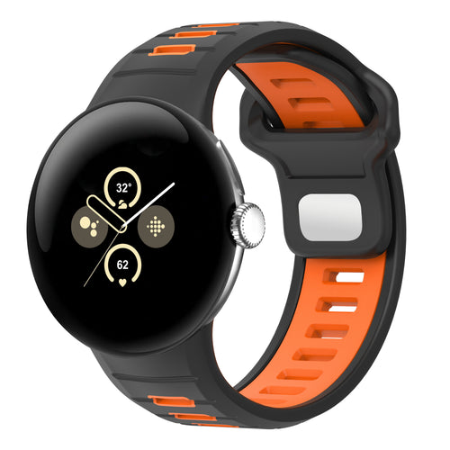 Silicone Sport Duo Strap, black/orange, on a watch, 3/4 front view