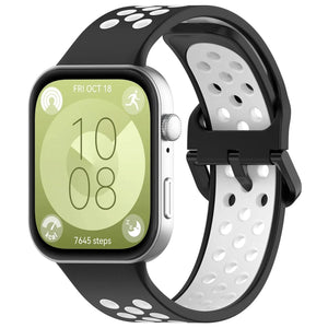 Silicone Sport Strap, black/white, on a watch, 3/4 front view
