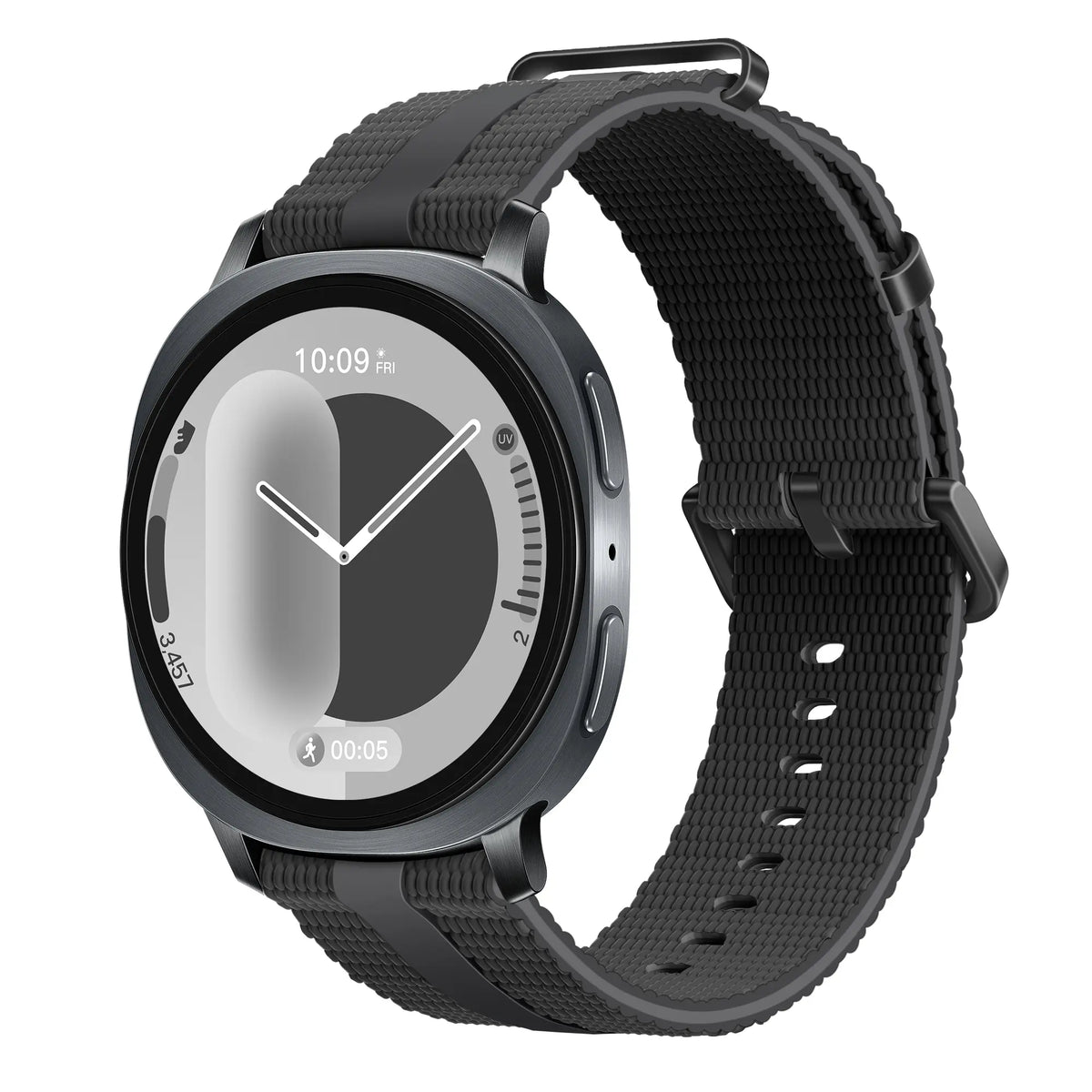 Silicone Active Strap, black, on a watch, 3/4 front view