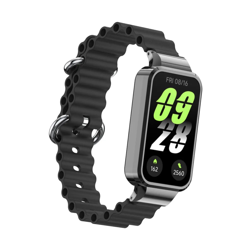 Silicone Ocean Strap, black, on a watch, 3/4 front view