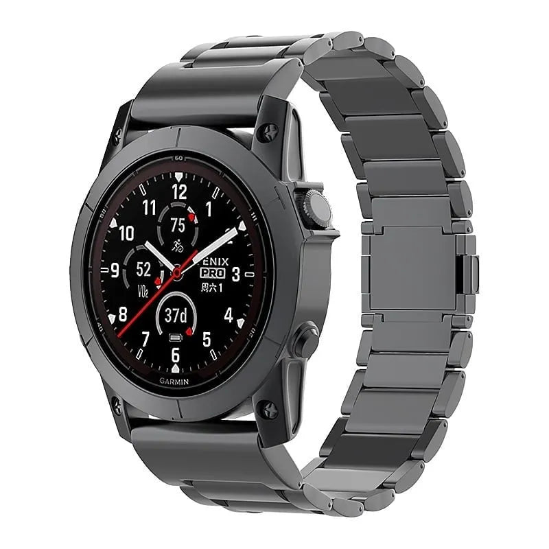 Magnetic Titanium Strap, black, on a watch, 3/4 front view