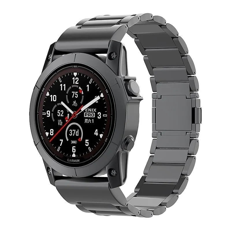 Magnetic Titanium Strap, black, on a watch, 3/4 front view