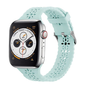 Patterned Silicone Strap, ocean green, on a watch, 3/4 front view
