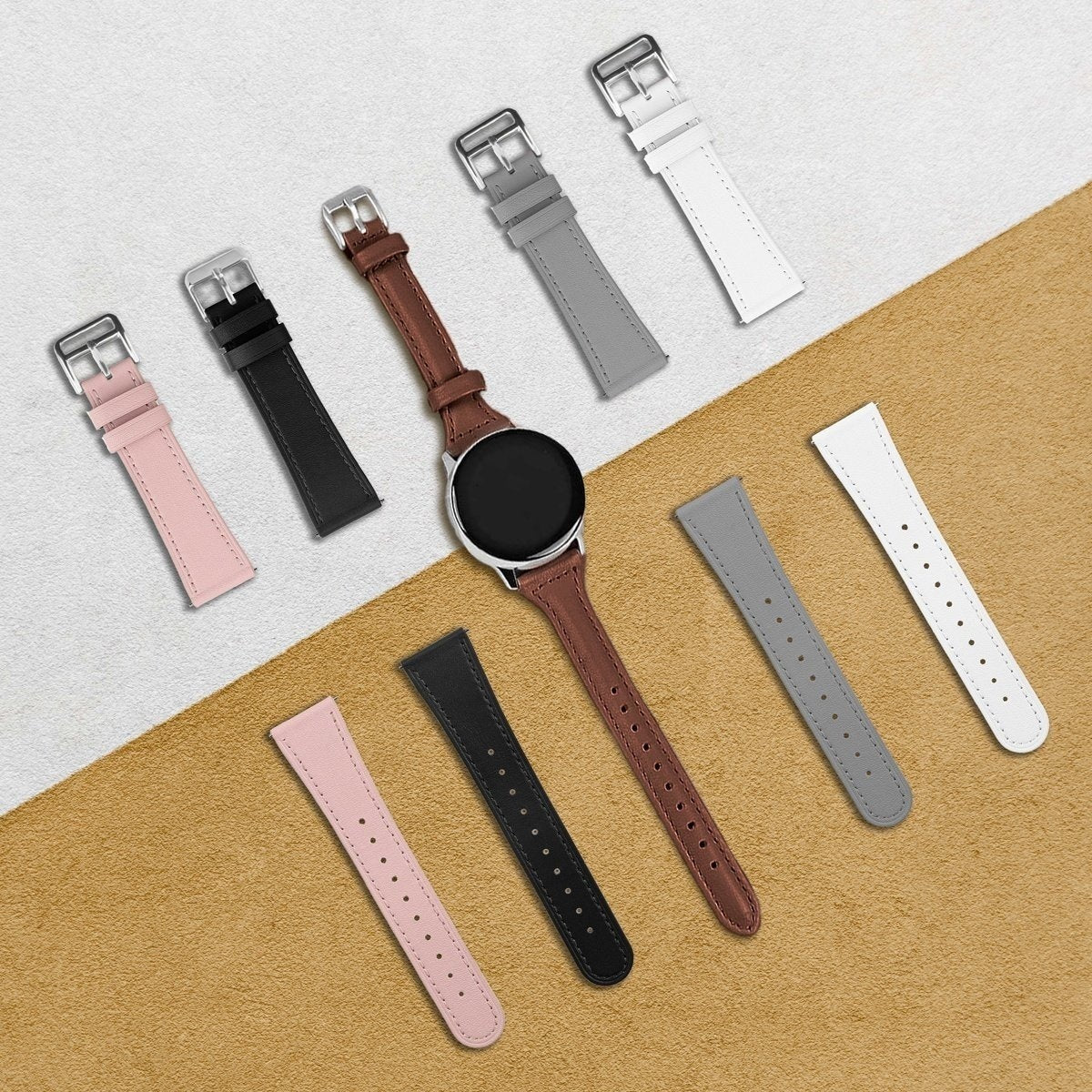 Modern Leather Strap, black, on a watch, 3/4 front view