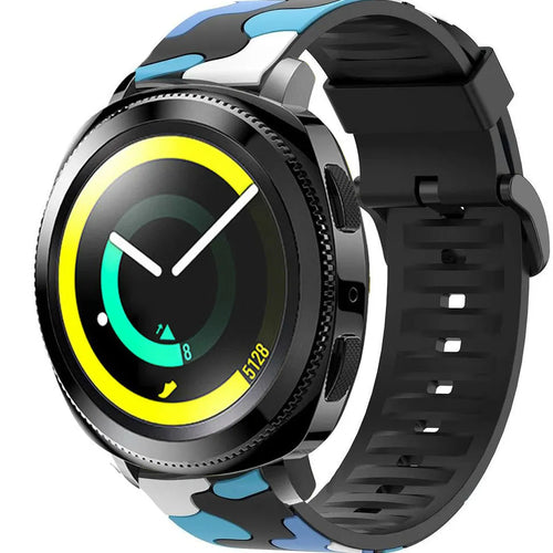 Silicone Camo Strap, blue, on a watch, 3/4 front view