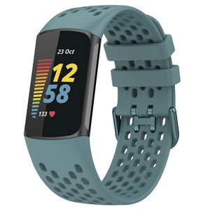 Breathable Silicone Strap, grey-blue, on a watch, 3/4 front view