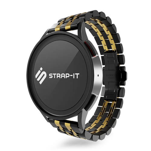 Steel Link Strap 'Duo', black/gold, on a watch, 3/4 front view