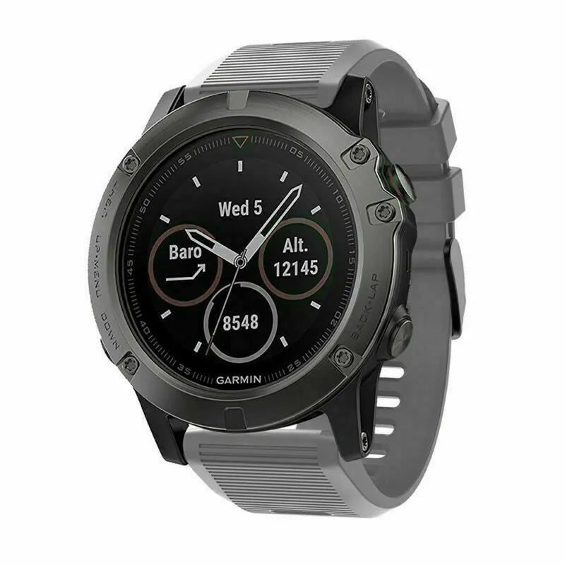 Silicone Strap, grey, on a watch, 3/4 front view