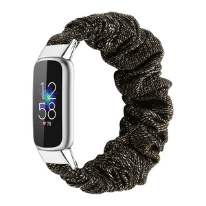 Nylon Scrunchie Strap, black/gold, on a watch, 3/4 front view