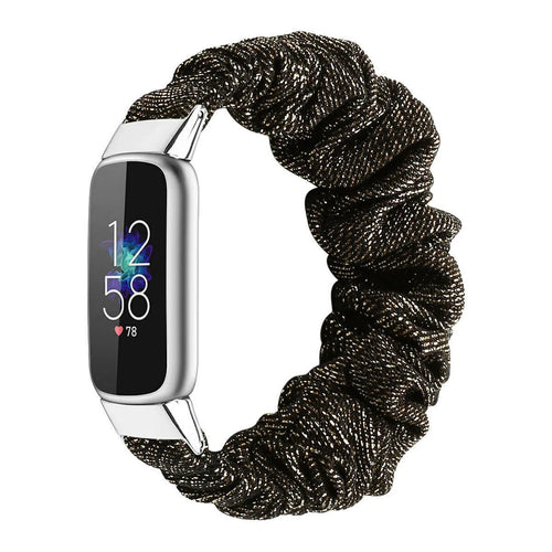 Nylon Scrunchie Strap, black/gold, on a watch, 3/4 front view