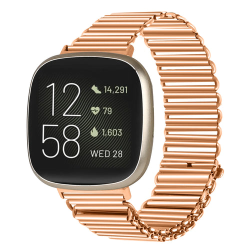 Steel Loop Strap, rose gold, on a watch, 3/4 front view